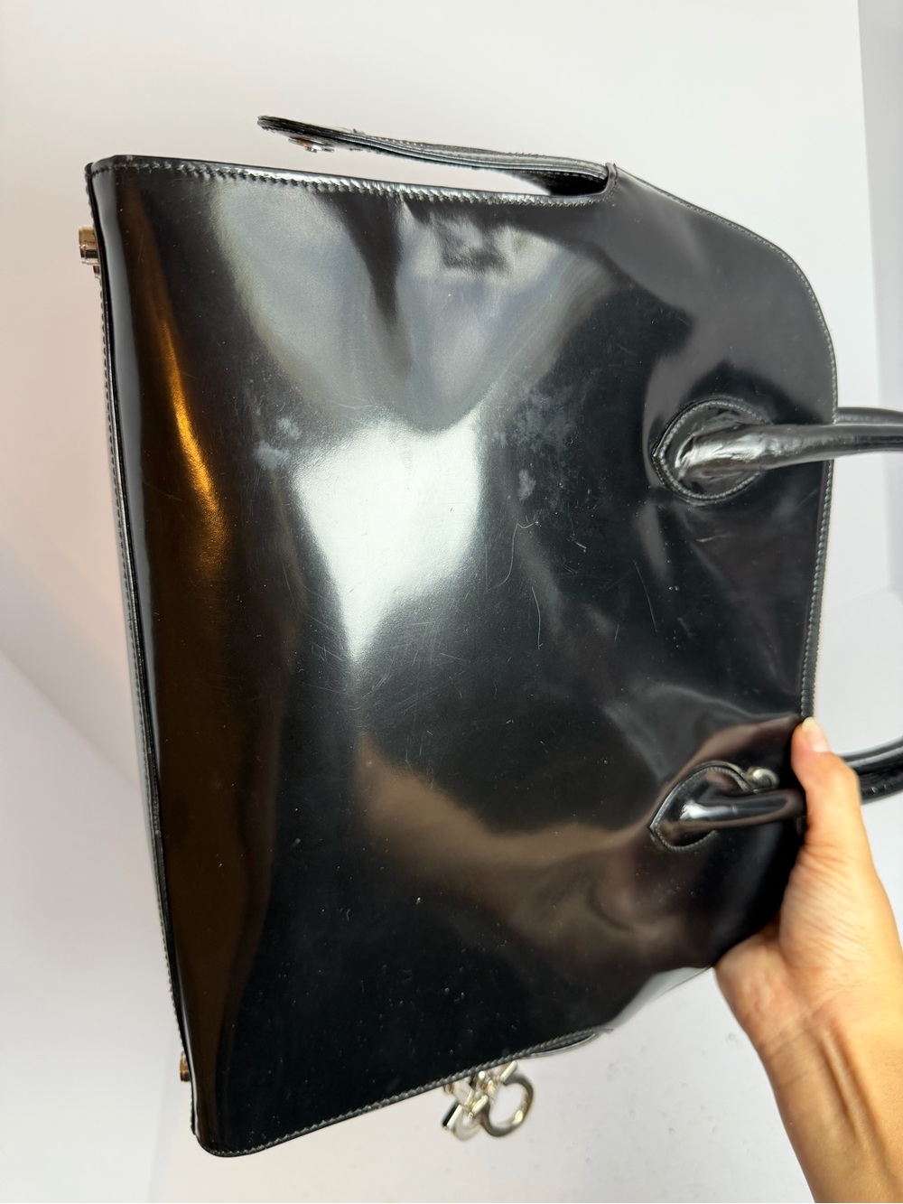 Salvatore Ferragamo Gancini Black Patent Leather Handbag Satchel - Picture 10 of 14